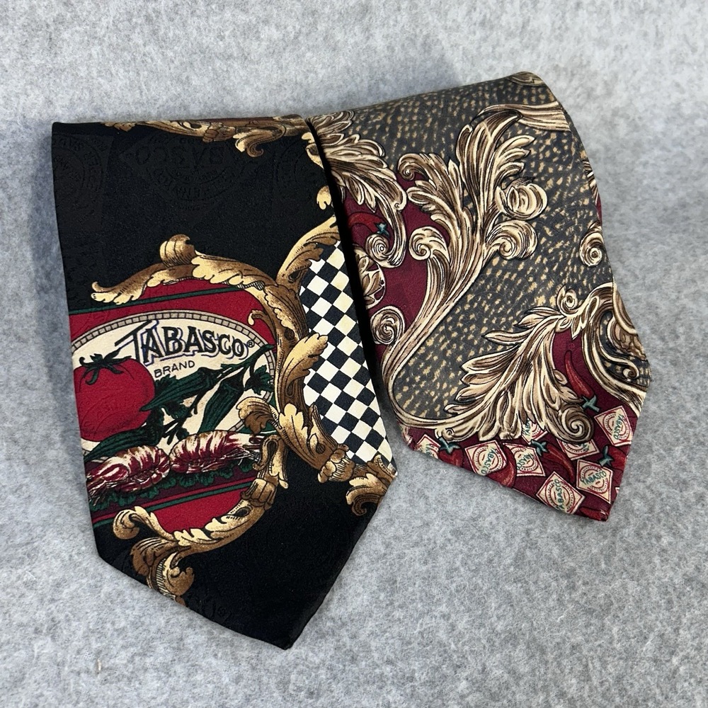 2 Tabasco Brand 100% Silk Novelty Tie Crawfish Hot Sauce Pepper Food Print USA